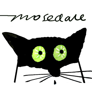 Black and white cat cartoon portrait drawing, with wide green eyes and a large signature 